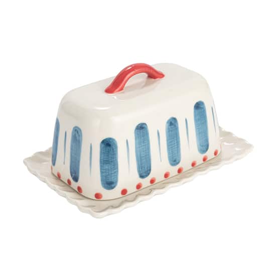 Hello Honey® 6.75" White, Red & Blue Hand-Painted Stoneware Butter Dish